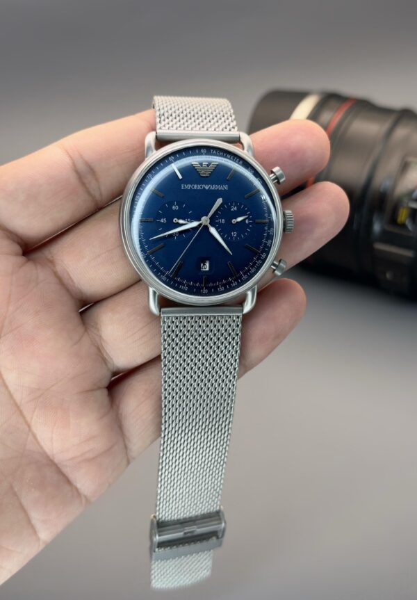 Emporio Armani Men's Silver Blue Dial Stainless Steel Analog Watch - AR80038